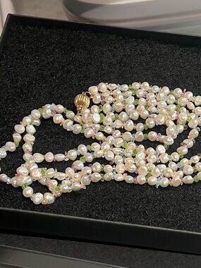 14k Triple strand Pearl and gem necklace 14k ball clasp